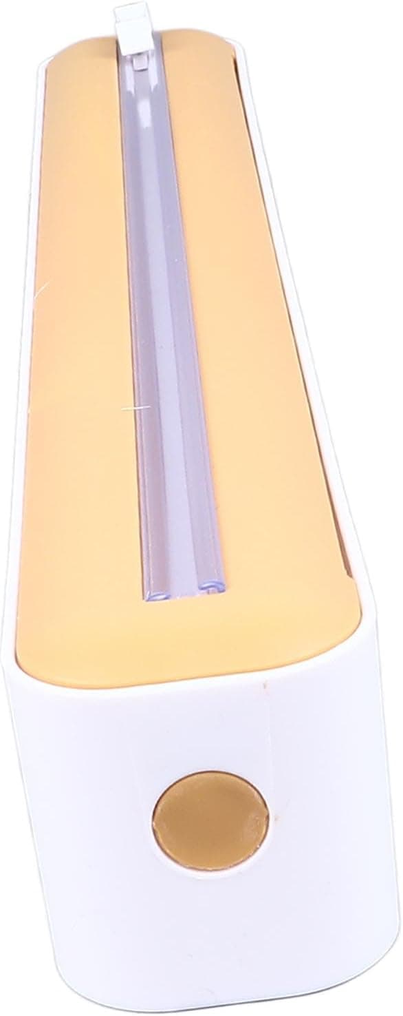 Plastfoliedispenser med kutter, gjenbrukbar plastfoliedispenser, justerbar størrelse, oljemagnetisk plastfoliedispenser (hvit og gul)