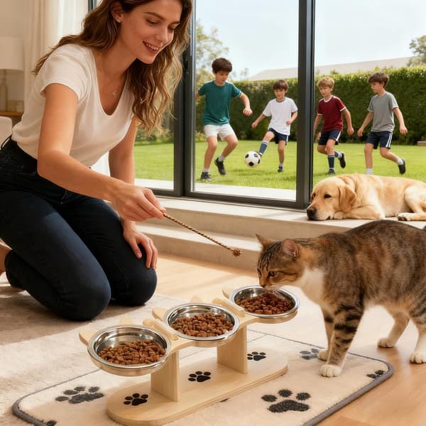 Upphöjd kattskål i trästativ Vattenmatare