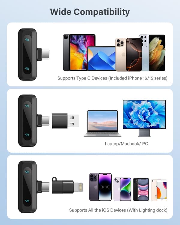 Trådlös myggmikrofon 2-pack, mini-kavajmikrofon med brusreducering, USB-C, Lightning & USB-A-adaptrar för iPhone, Android, iPad & laptop