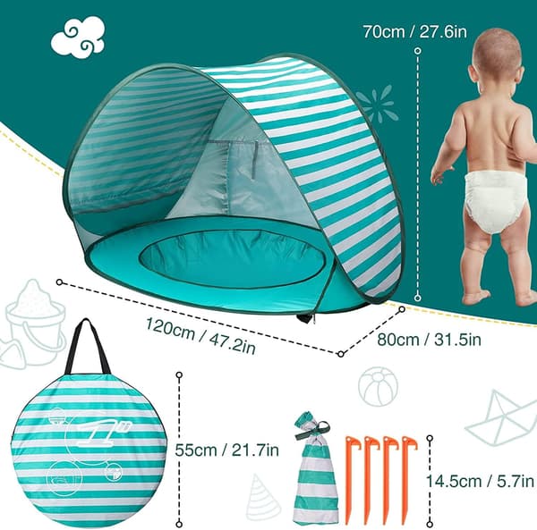 Baby strandtelt med minipool UV-beskyttelse til picnic og have (grøn)