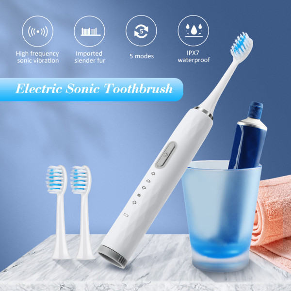 5-växlad elektrisk tandborste, 3 borsthuvuden, uppladdningsbar automatisk tandborste med mjukt borst, vattentät elektrisk tandborste, vuxenmodell