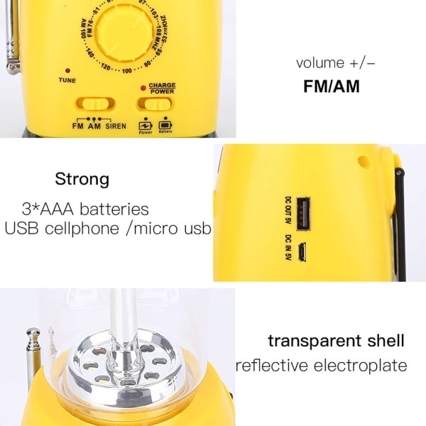 Vevlampa, vevlykta, 4-i-1 Solar USB -uppladdningsbar LED-utomhuslampa, handvevslampa med tältficklampa med AM/FM-radionödladdare
