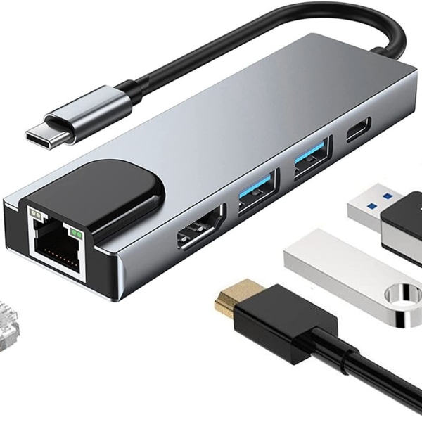 i 1 USB C-dockningsstation, Typ C till HDMI-adapter, RJ45 Ethernet, 4K HDMI, 100W PD, 2 USB 3.0-kompatibla med MacBook Pro/Air och Type C-enheter