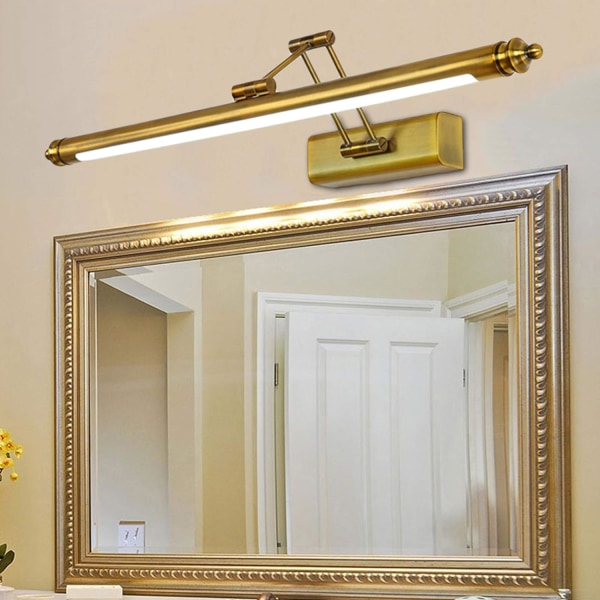 Vintage badrumsspegellampa i mässing, retro LED-spegellampa med justerbar arm och bas i rostfritt stål, 3000K IP44 vattentät badrumslampa