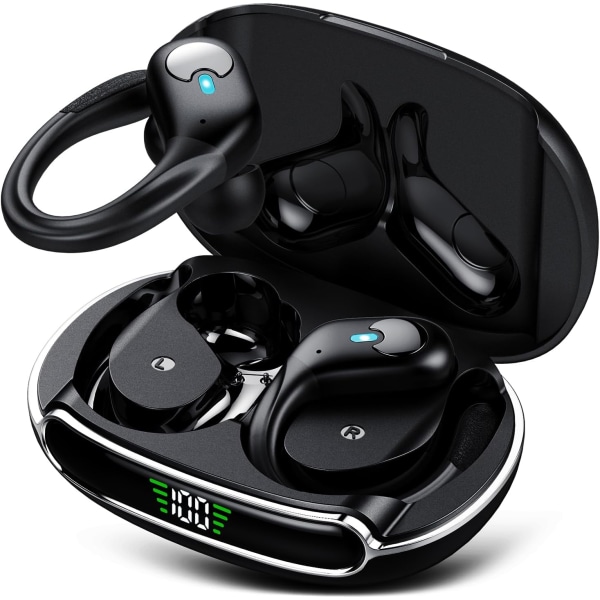 Trådlösa sporthörlurar, trådlösa Bluetooth 5.3-hörlurar med 4 mikrofoner, 60 timmars brusreducerande hörlurar PÅ. Djup bas. Trådlös Bluetooth hörlurar