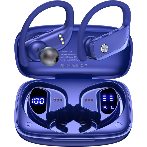 Trådlösa hörlurar Bluetooth hörlurar Play Back Sporthörlurar med LED-skärm Över öronsnäckor med öronkrokar Inbyggda mikrofonheadset för träning Blå