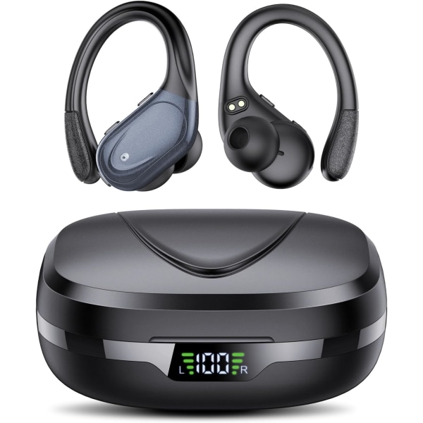 Bluetooth Headset 5.3 Sports Ear Hook, 60H uppspelning, LED-skärm, Call ENC HD, Lågt djup, Komfortjustering, IPX7 Vattentät Blue BX 17 JL