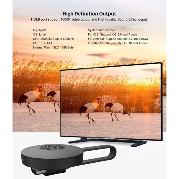 Trådlös HDMI-skärmadapter, WiFi-skärmdongel, 1080P bärbar TV-mottagare Airplay-dongel med Android/IOS/Windows/Mac/PC.