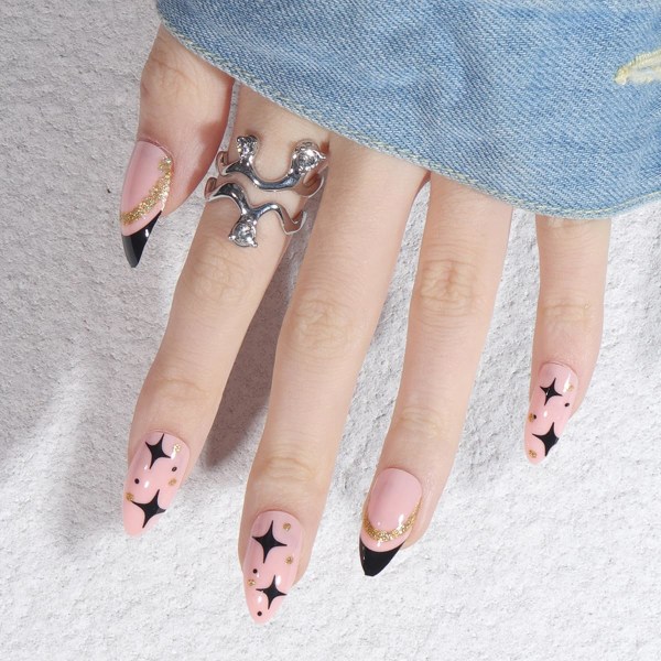 Glitter Star Press on Nails Kort Längd - French Tip Fake Nails med Black Stars Design för kvinnor