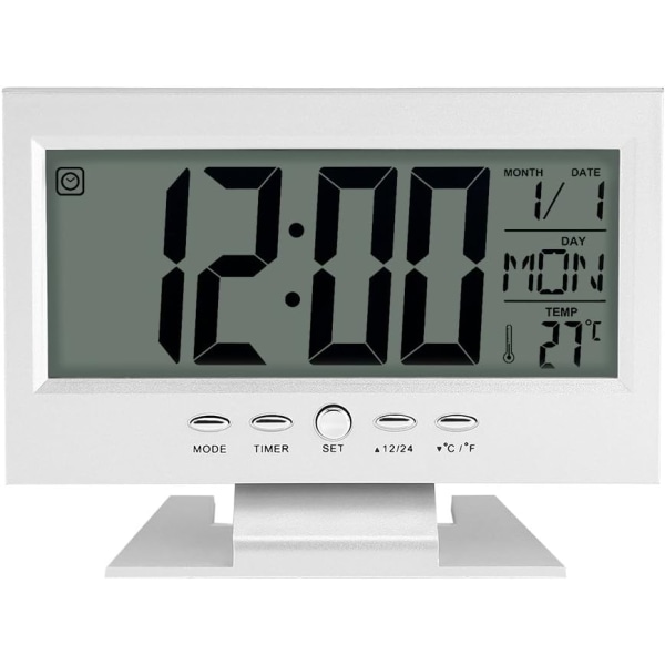 Digital klocka Multifunktionskalender LCD Digital skrivbordsväckarklocka med nattljus och snoozetid/datum/temperatur (silver)