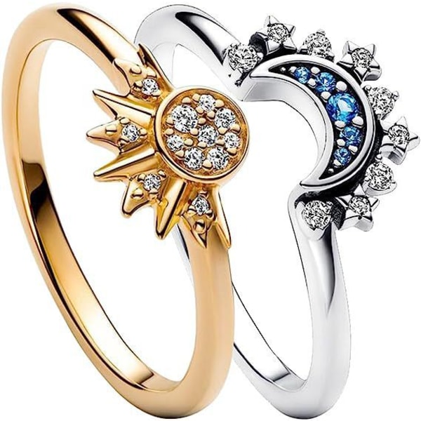 Tvådelad ring, sol och måne, vänskapsring, guldring med cubic zirconia, silver, justerbar