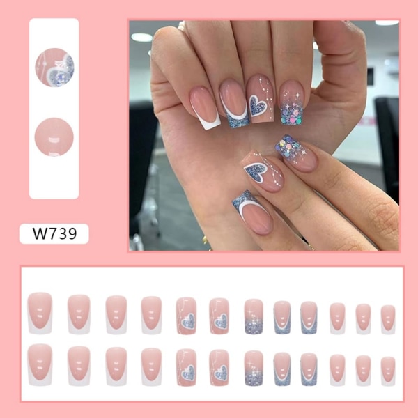 24 st Love Heart Press on Nails Medium Square Fake Nails with Blue Glitter Designs for Women