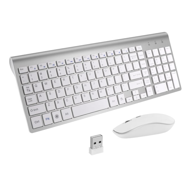 Trådlös tangentbordsmus, 2,4Ghz ultratunt kompakt tangentbord, Portable Silent 2400 DPI Ergonomisk tangentbordsmus för PC, Smart TV, Dator Vit Silver