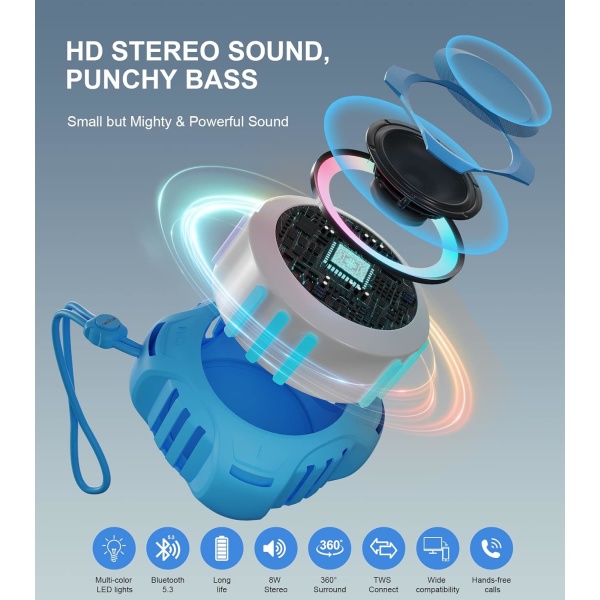 Bluetooth högtalare för dusch, IPX7 vattentät, med dynamiskt ljus, TWS-läge