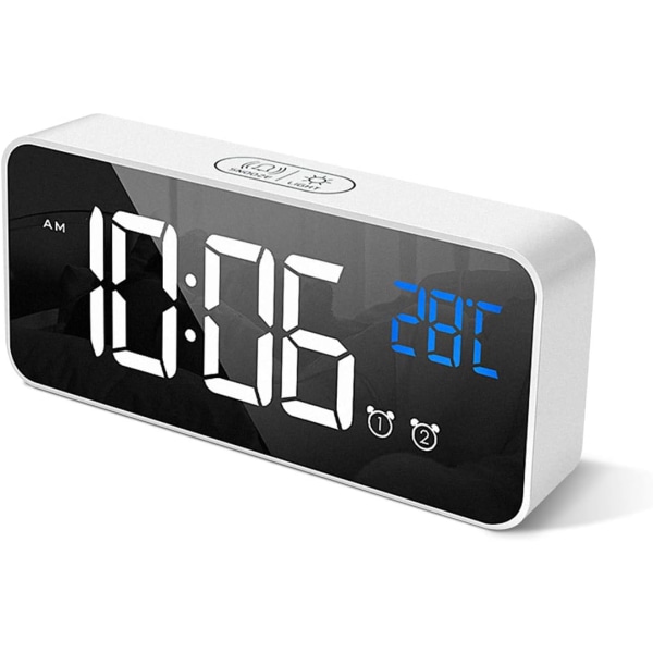 Digital väckarklocka med stor LED-temperaturdisplay, bärbart spegellarm med dubbla larm Snooze Time Justerbar ljusstyrka Dimmer på
