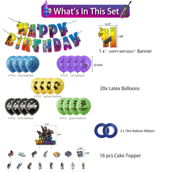 Fortnite-tema födelsedagsfest Dekor Ballong Banner Cake Topper Set,11
