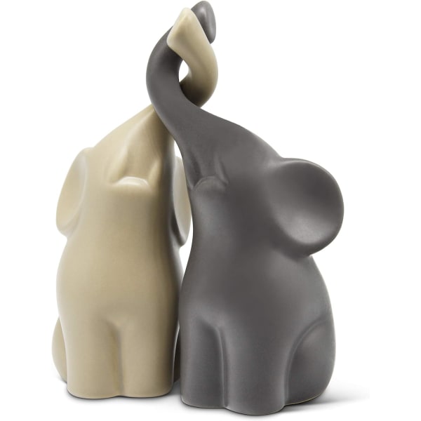 Harmoniskt par Beige Grå keramiska elefanter Modern Skulptur, Par av två oberoende elefanter Dekorativ statyett 15 cm hög elefant
