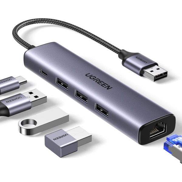 USB 3.0 till Ethernet-adapter, 5 i 1 Multiport Hub med Gigabit RJ45 och Type-C Power Port