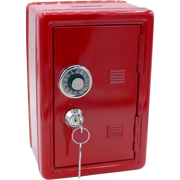 Spargris i metall i form av ett kassaskåp med nyckel – röd