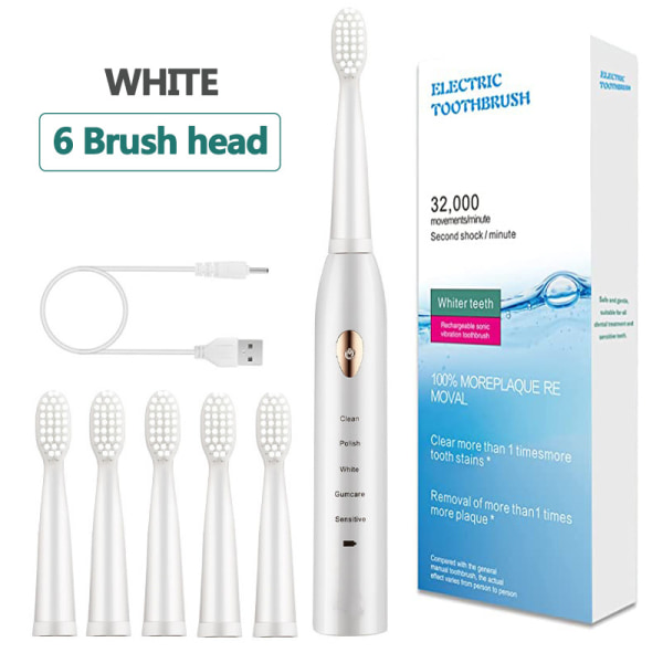 6-huvuden Sonic elektrisk tandborste, 5-växlad USB -uppladdningsbar Smart Timer-tandrengöring, vattentät partandborste, vit