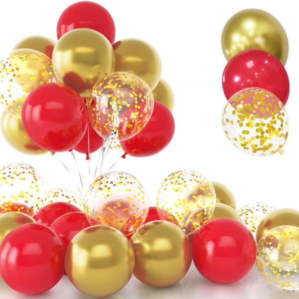 60 delar röda och guld ballonger, 12 tum metallisk krom guld konfetti ballonger, latex helium röda och guld ballonger med band för födelsedagsfest