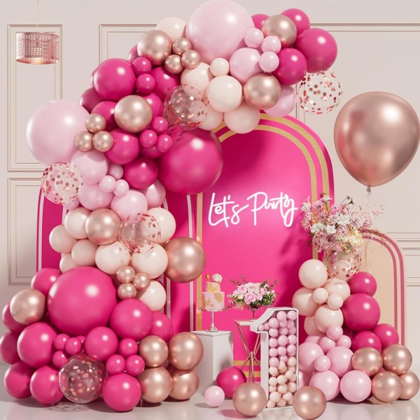 Födelsedagsballongbåge för flickor 102 delar Rosa ballongbåge med rosaguldballong Pastellrosa ballongkonfettiballong, heliumballongbågesats för B