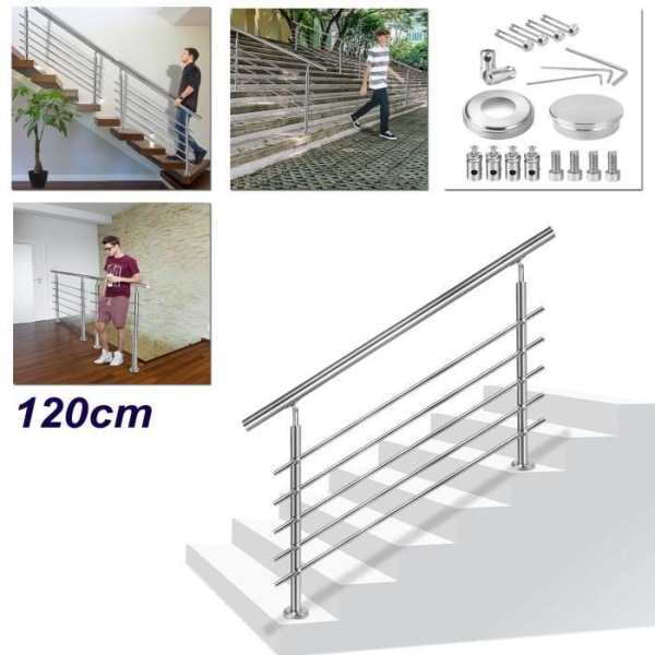 YRHOME 120 cm räcke för trappor inomhus och utomhus i rostfritt stål balkongräcke med 5 tvärstänger