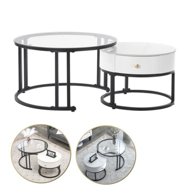 YRHOME White Set med 2 soffbord med marmorskiva - Sidobord Soffbord för vardagsrum med lådor
