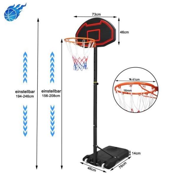 YRHOME Barnbasketstolpe Basketstolpe Basketbåge Basketinstallation Basketboll Höjd Justerbar 156-208cm