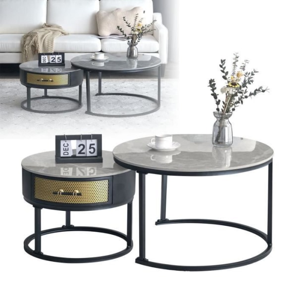 YRHOME Set med 2 soffbord med marmorskiva - Sidobord - Soffbord för vardagsrum med lådor