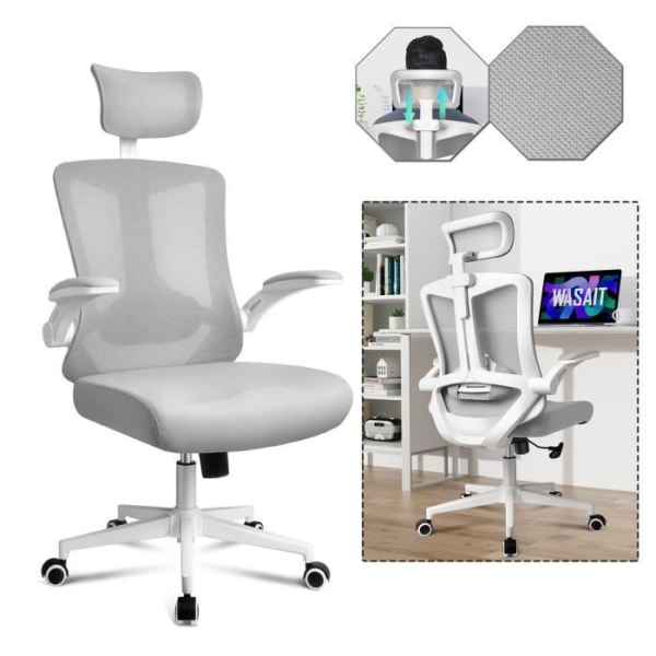 YRHOME Kontorsstol snurrstol ergonomisk kontorsstol höjdjusterbar kontorsstol med nackstöd Grå