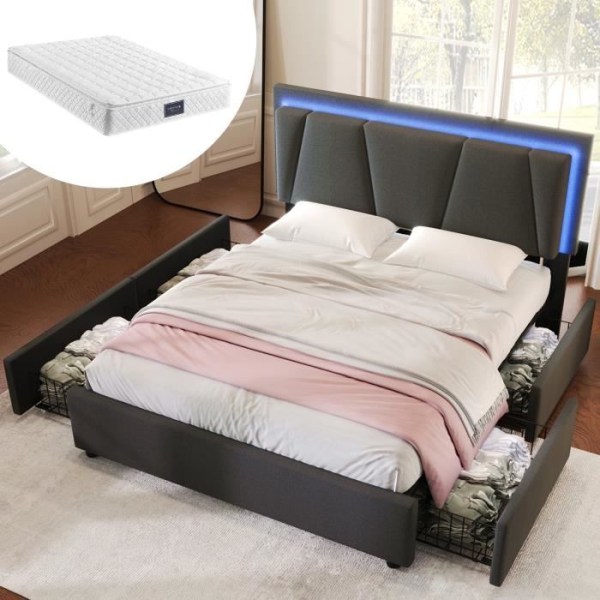 YRHOME Enkelsäng stoppad förvaringssäng 140x200cm grå LED-belysning och 2 lådor justerbar sänggavel (med madrass)