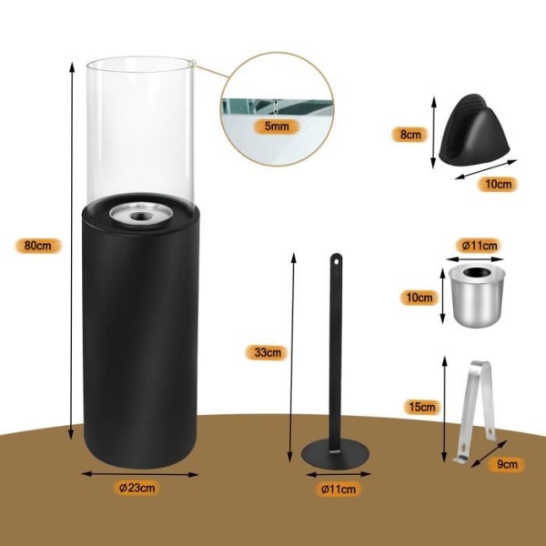 YRHOME Rund bioetanolkamin med glashärd för inom- och utomhusbruk, utrustad med flamsläckare