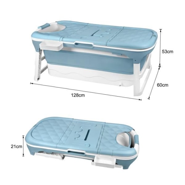 YRHOME hopfällbart badkar - stor kapacitet - 128 x 62 x 53 cm - blått och vitt