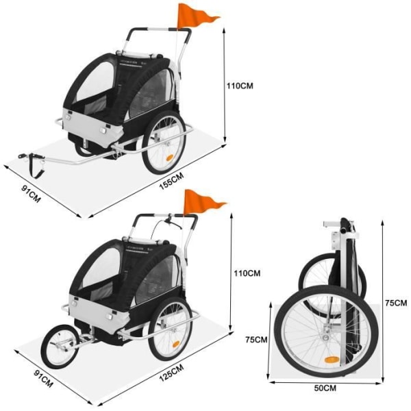 YRHOME 2-i-1 hopfällbar cykelvagn med barnstol och 40 kg kapacitet Transportera dina barn och laster enkelt