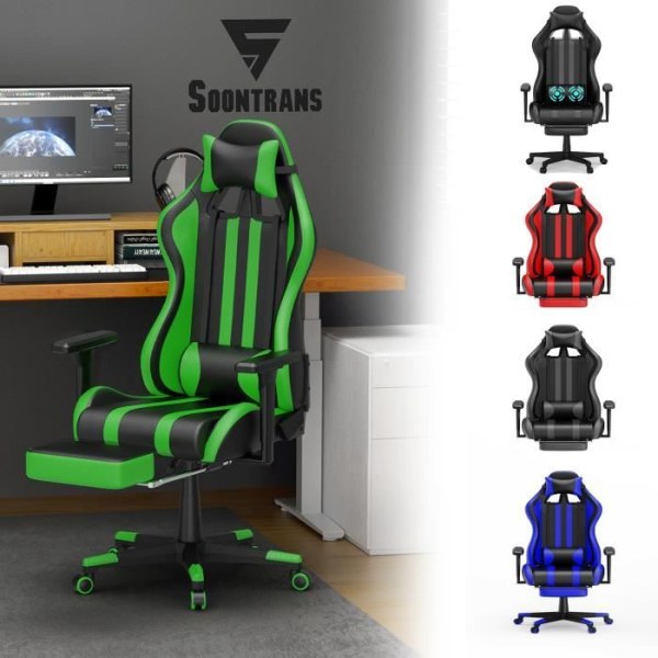 YRHOME Gaming Stol Kontorsmassage Gaming Stol Justerbar höjd Svängstol och stol med Fotstödskudde Grön