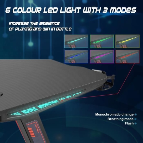 YRHOME 120 cm LED Datorbord Spelbord Ergonomiskt bord Spelbord Spelrum Spelbord Max 150 kg
