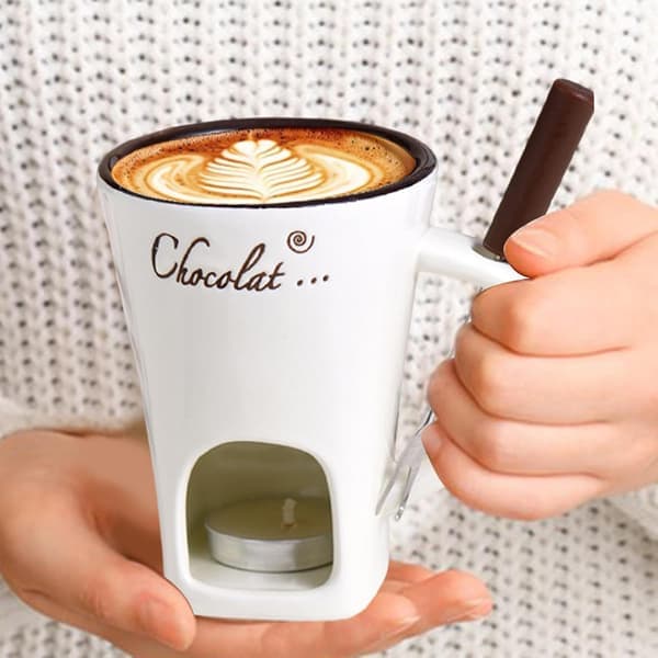 Fyrfadslys Fonduesæt, Keramisk Smeltedigel til Chokolade og Dessert Beige Beige
