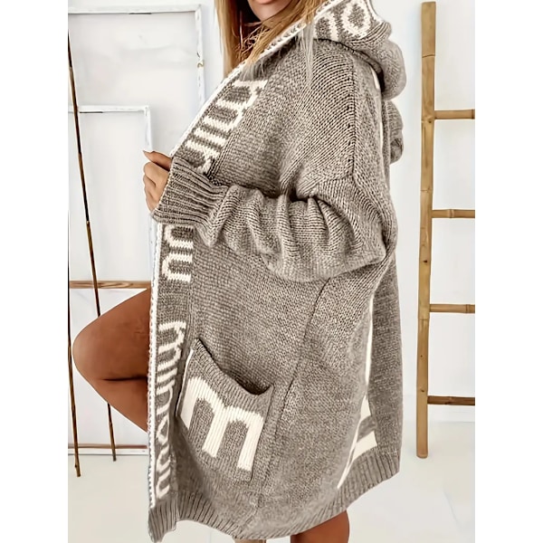 Strikkede Cardigan med Vandfaldskrave og Bogstavprint, Afslappet Langærmet Trøje med Hætte og Lommer, Kvinder Khaki XS