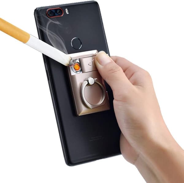 USB-lighter genopladelig elektrisk flammeløs lighter telefonringholder 2 i 1 (guld)