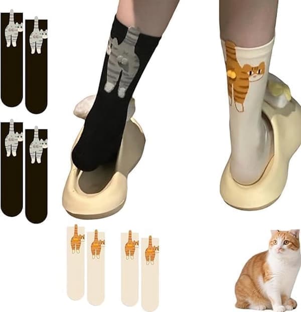 Morsom 3D Katte Sukker for Kvinner, Komfortabel Bomull, Gaver til Katteelskere, 4 Par