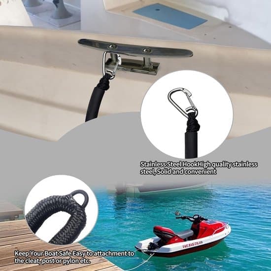 Reb - Bådreb - Fortøjning til kyst - Bungee-fortøjning - med clips - til jetski - bøjer - kajakker - sort