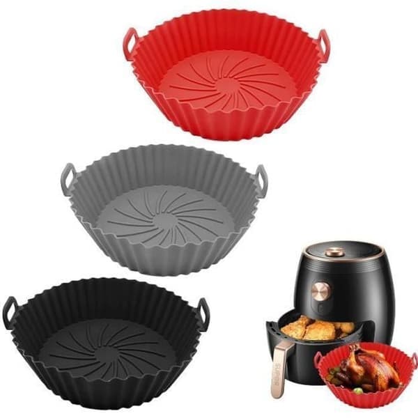 Silikoneform til airfryer - Sæt med 3 - Genanvendelig - Tåler opvaskemaskine - Rund form - Rød, Sort, Grå