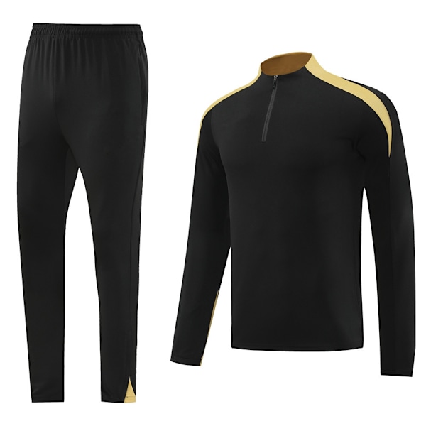 2425 Ny Vuxen Långärmad Halv-Dragkedja Fotbollsträningsdräkt Set - Snabbtorkande, Andningsbar och Bekväm, Perfekt Present till Pojkar Black-and-Gold M