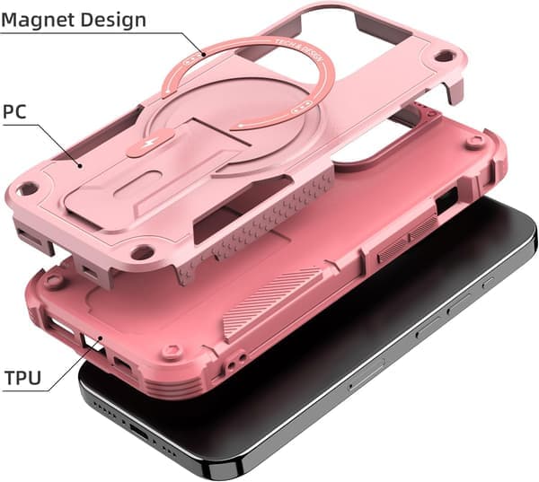 Magnetisk iPhone-deksel med stativ, MagSafe-kompatibel, solid innebygd stativ, fallbeskyttelse i militærklasse, størrelse iPhone 14 Pro Pink iPhone 14 Pro
