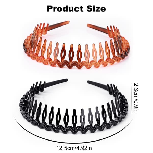 Hårbånd med tænder til kvinder og piger, 2 stk. plastik zigzag hårbånd, bølget kam fleksibelt hårtilbehør (sort/brun)
