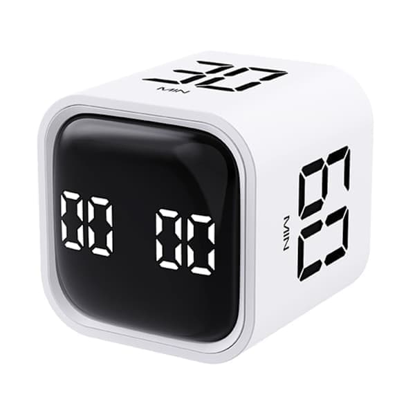 Produktivitets-cubtimer med tyngdekraftssensor, vendbart LED-display, 4 forudindstillede tider, dobbelte tilstande, tidskontrol, nedtælling, madlavning, studie, hvid White