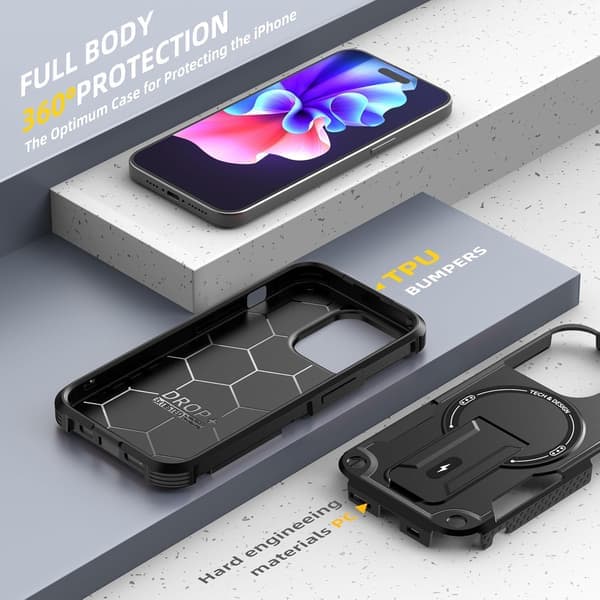 Magnetisk iPhone-deksel med stativ, kompatibelt med MagSafe, solid innebygd stativ, støtsikkert med militærgradert fallbeskyttelse, størrelse iPhone 15 Pro Black iPhone 15 Pro