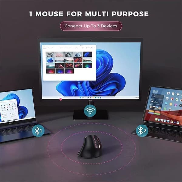 Ergonomisk mus, trådløs vertikal mus Genopladelig optisk mus til multifunktionel brug (Bluetooth 5.0+ Bluetooth 3.0+USB-forbindelse) Sort