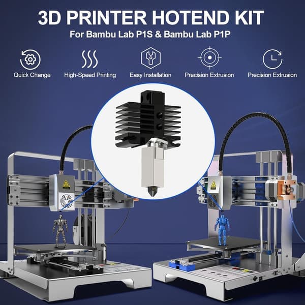 Hotend-sæt til Bambu Lab P1P/P1S, 3D-printer komplet samling Hot End med blæser, P1S hærdet stål 0,4 mm dyse høj hastighed og temperatur